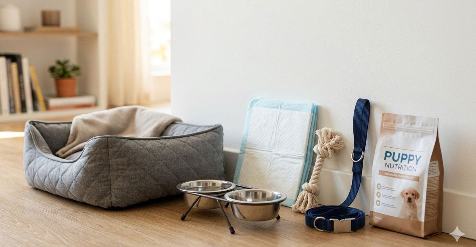 Primeiro pet em casa: O que comprar para garantir o conforto sem estourar o orçamento do mês 7 o que comprar para pet iniciante, Tapete higiênico Pet, Enxoval para pet, Lista de tudo que um cachorro precisa, Ração de alta qualidade, Caixa de Areia e Areia Sanitária. Itens básicos de enxoval para pet iniciante organizados em apartamento.