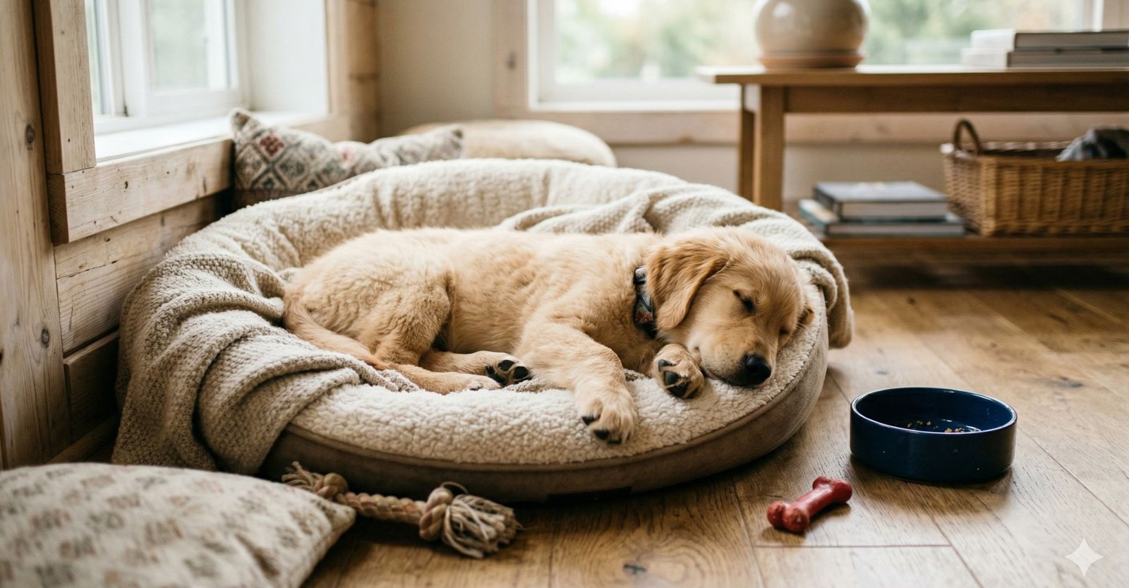 Filhote Golden Retriever dormindo rotina pet iniciante