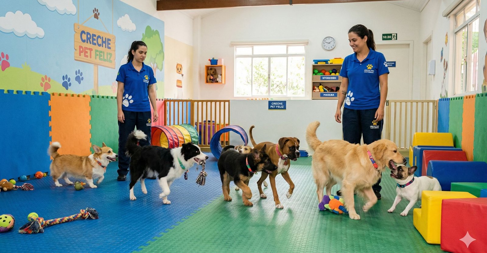 cães em creche para cachorro brincando com supervisão