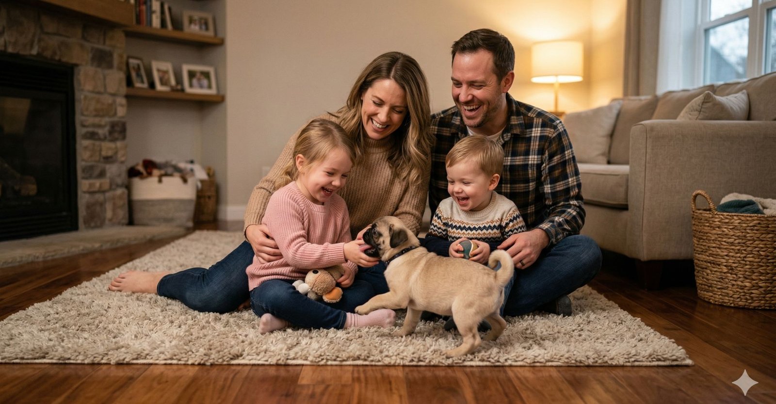 Família brincando com Pug rotina para cachorro