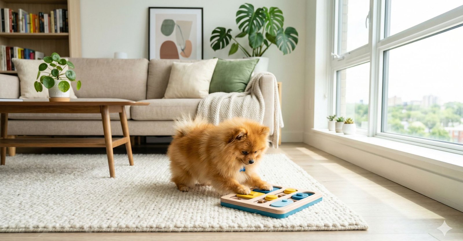 Por que Cachorros Pequenos São Ideais para Apartamentos? 3 Pomeranian com brinquedo interativo