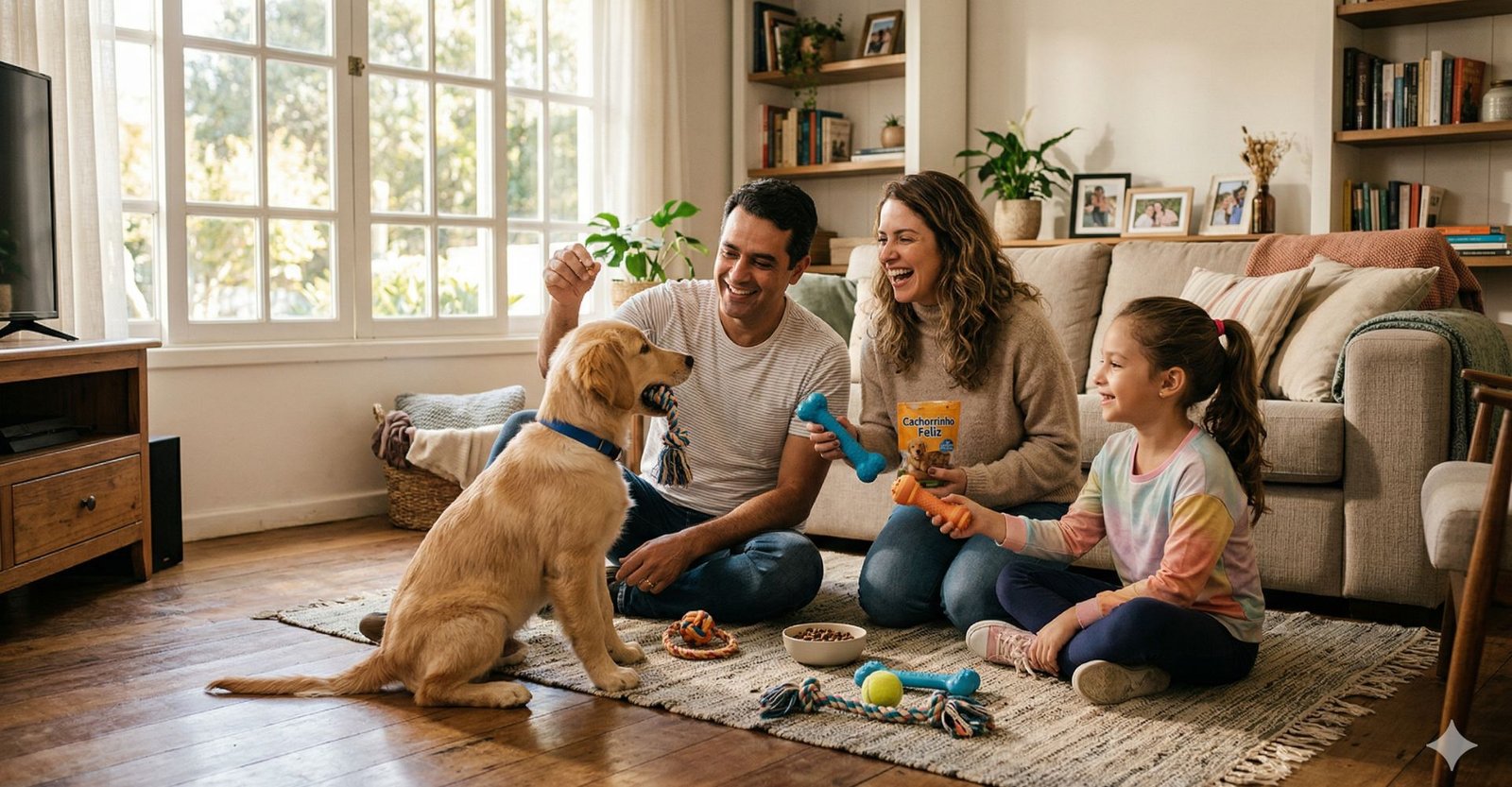 família treinando cachorro em casa