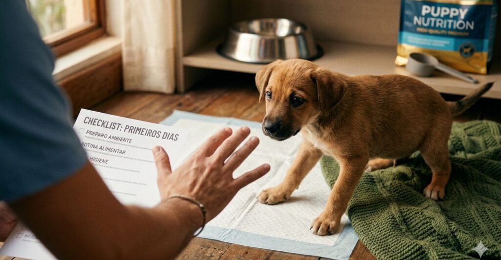 Cachorro filhote olhando com curiosidade para kit de enxoval com tapete higiênico pet e ração de alta qualidade em sala organizada.