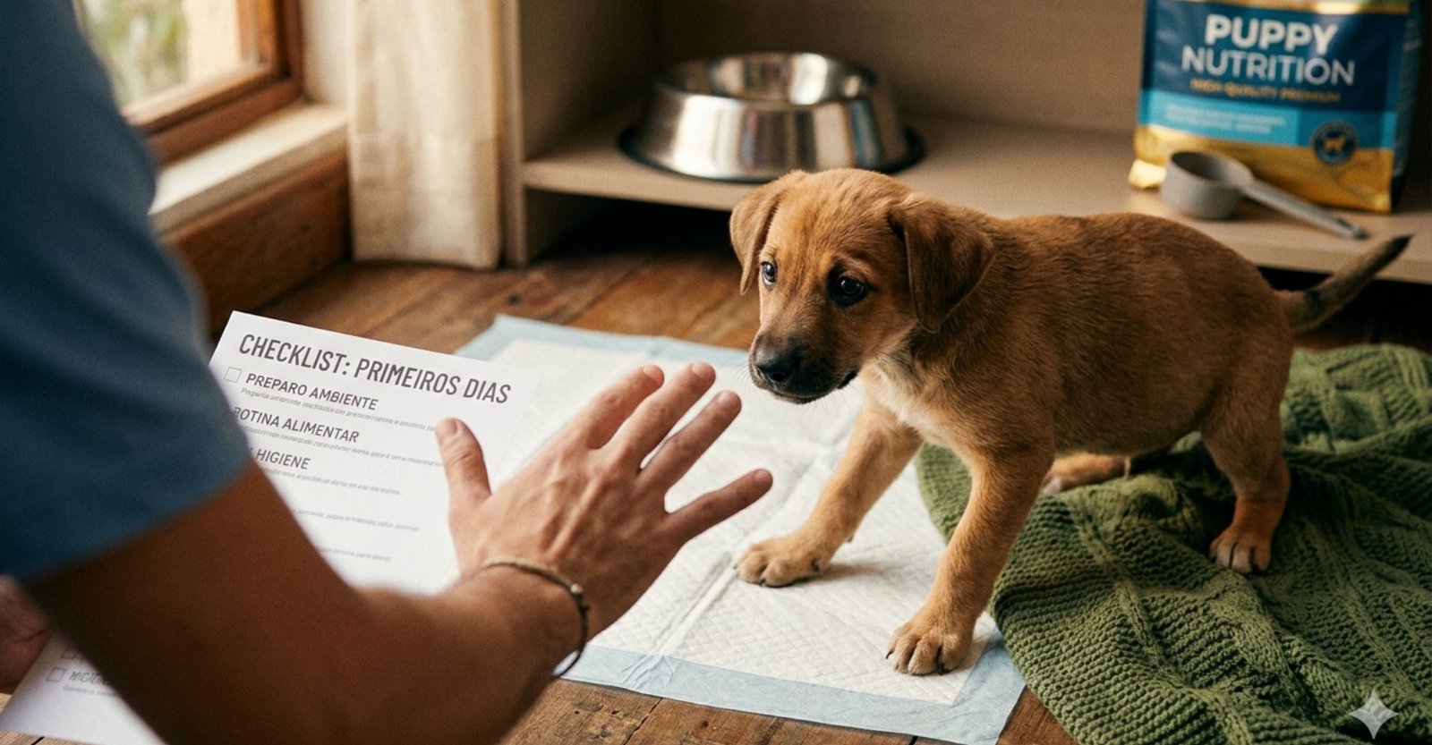 Cachorro filhote olhando com curiosidade para kit de enxoval com tapete higiênico pet e ração de alta qualidade em sala organizada.