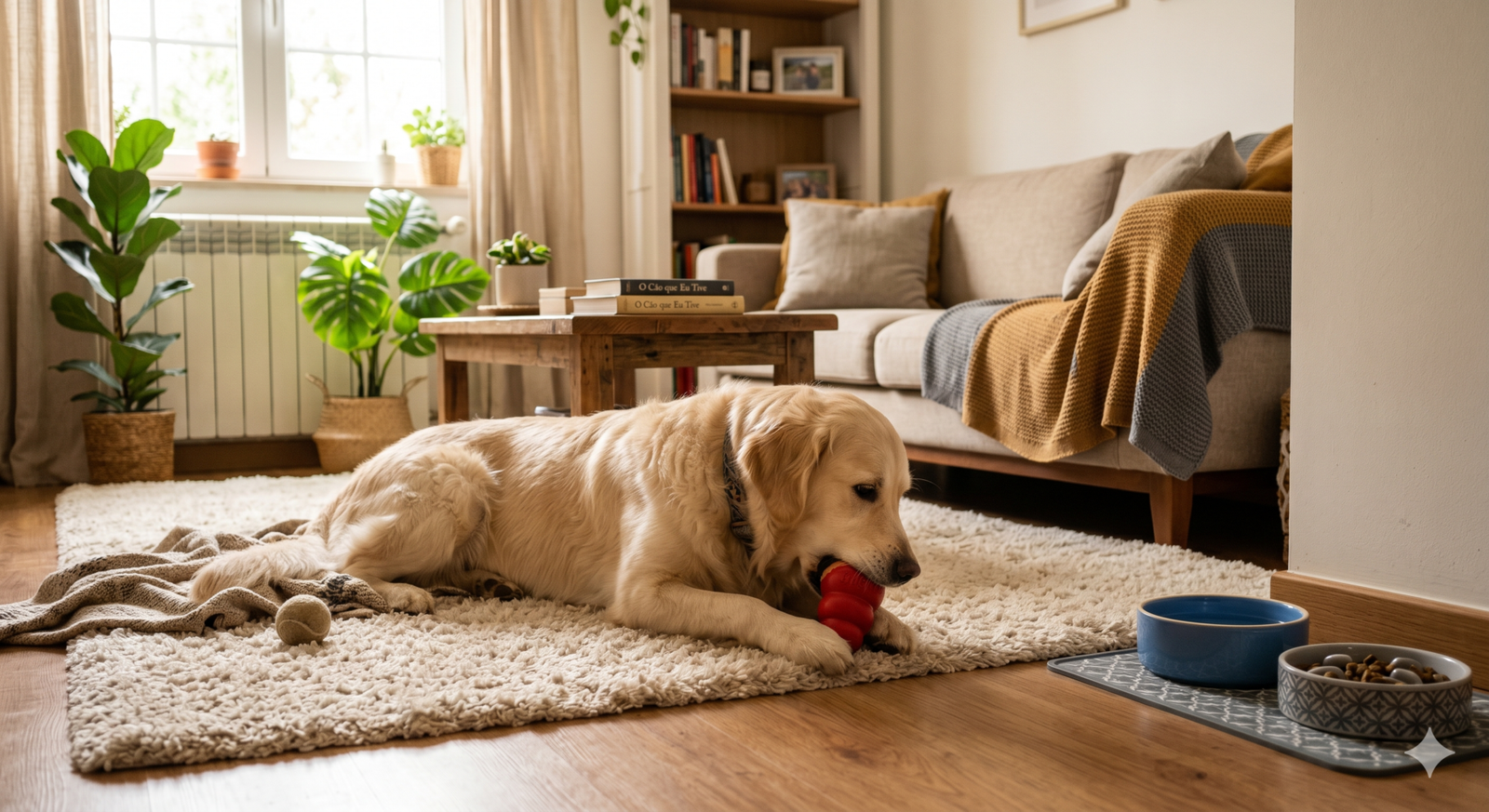 Cachorro entretido com brinquedo KONG enquanto está sozinho em casa