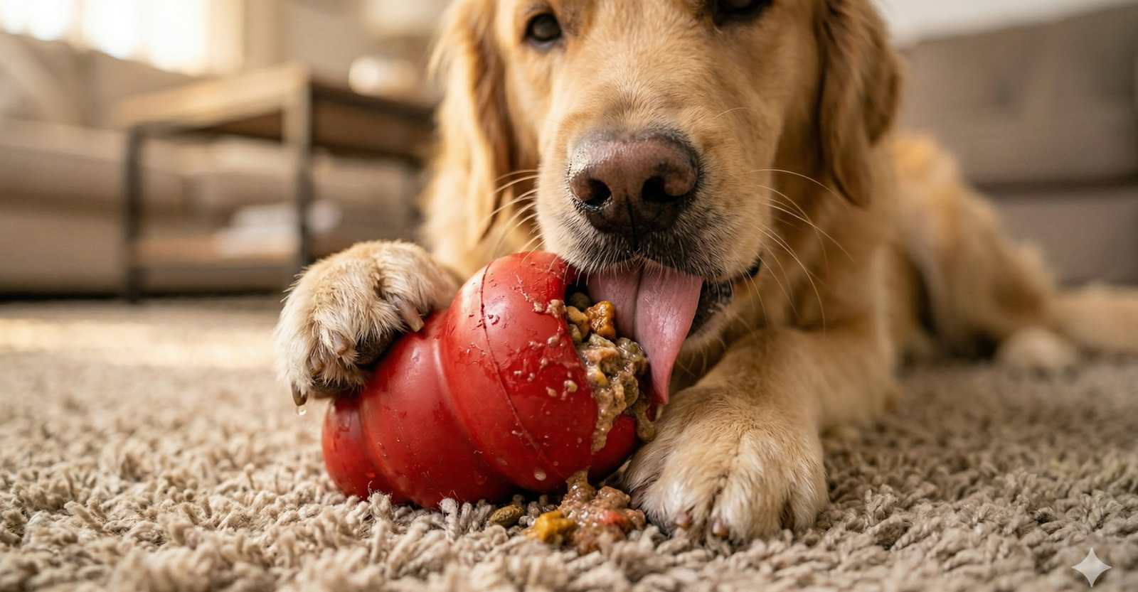Como Escolher os Brinquedos Perfeitos para seu Cão! 1 Cachorro entretido com brinquedo de enriquecimento ambiental recheável.