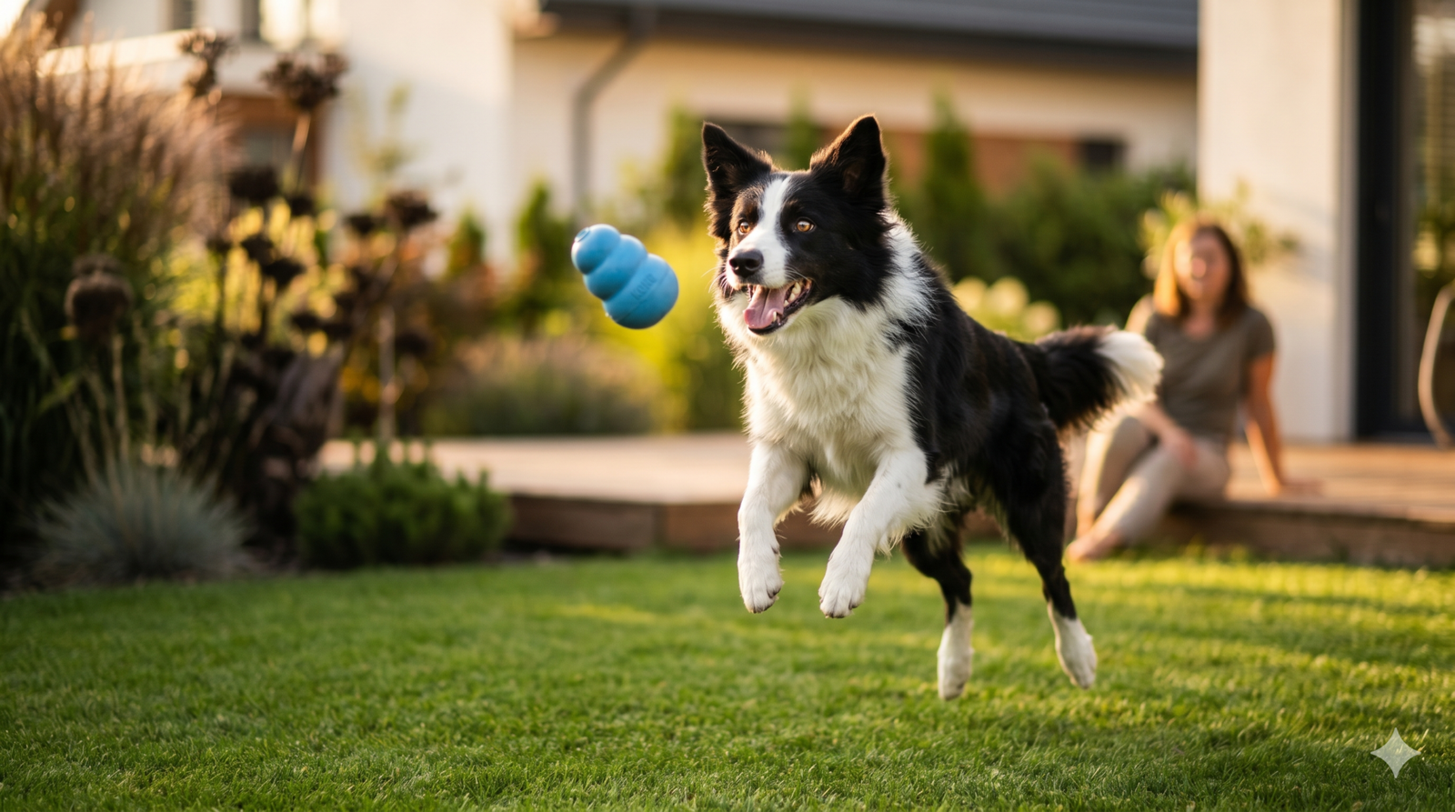Cachorro feliz e saudável pulando para pegar brinquedo interativo em jardim ensolarado