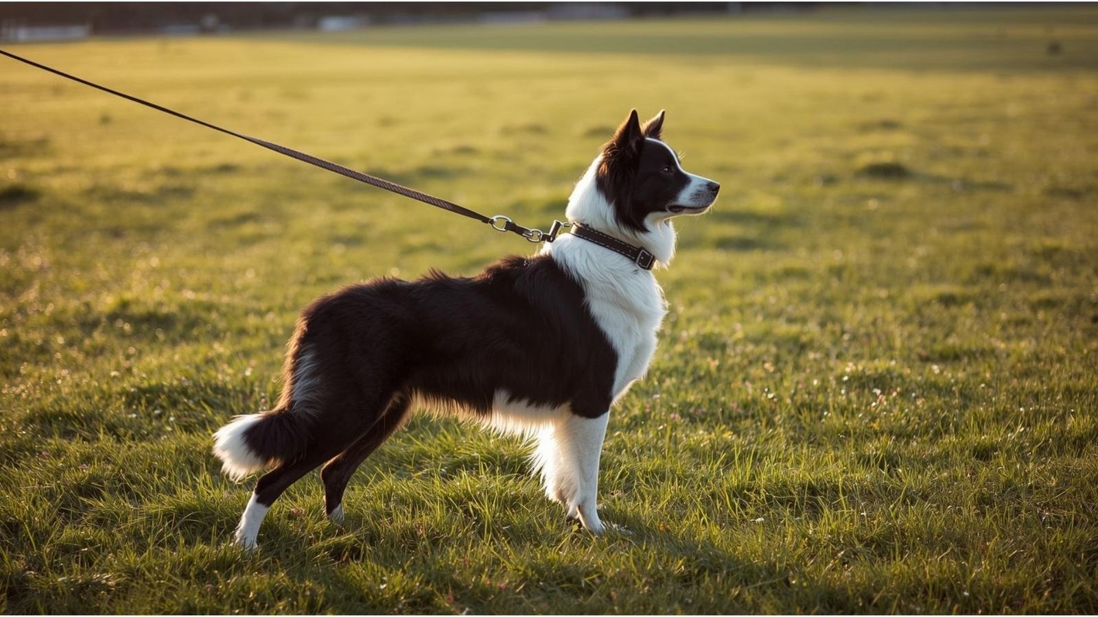 Cão Border Collie praticando comando 'fica' em campo aberto com guia longa