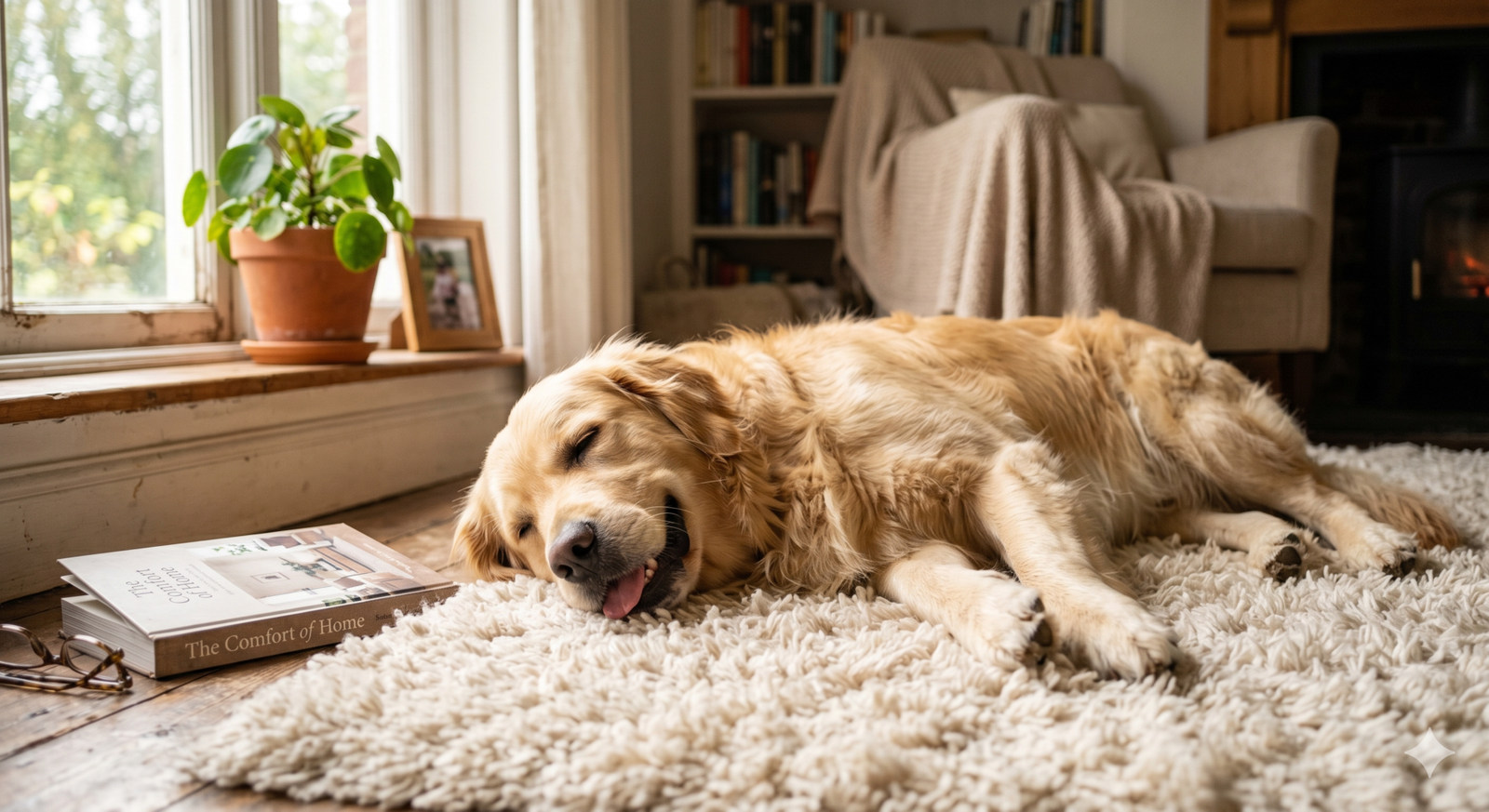Cão Golden Retriever relaxado e feliz em ambiente doméstico, bem-estar animal