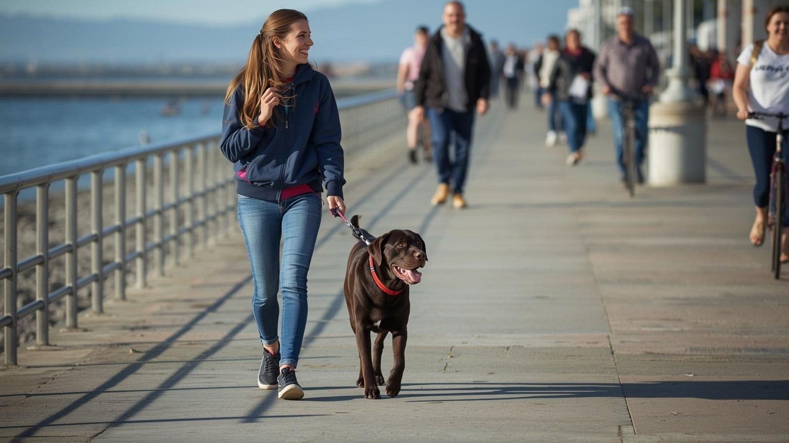 Cão Labrador Retriever demonstrando obediência e socialização em passeio urbano movimentado