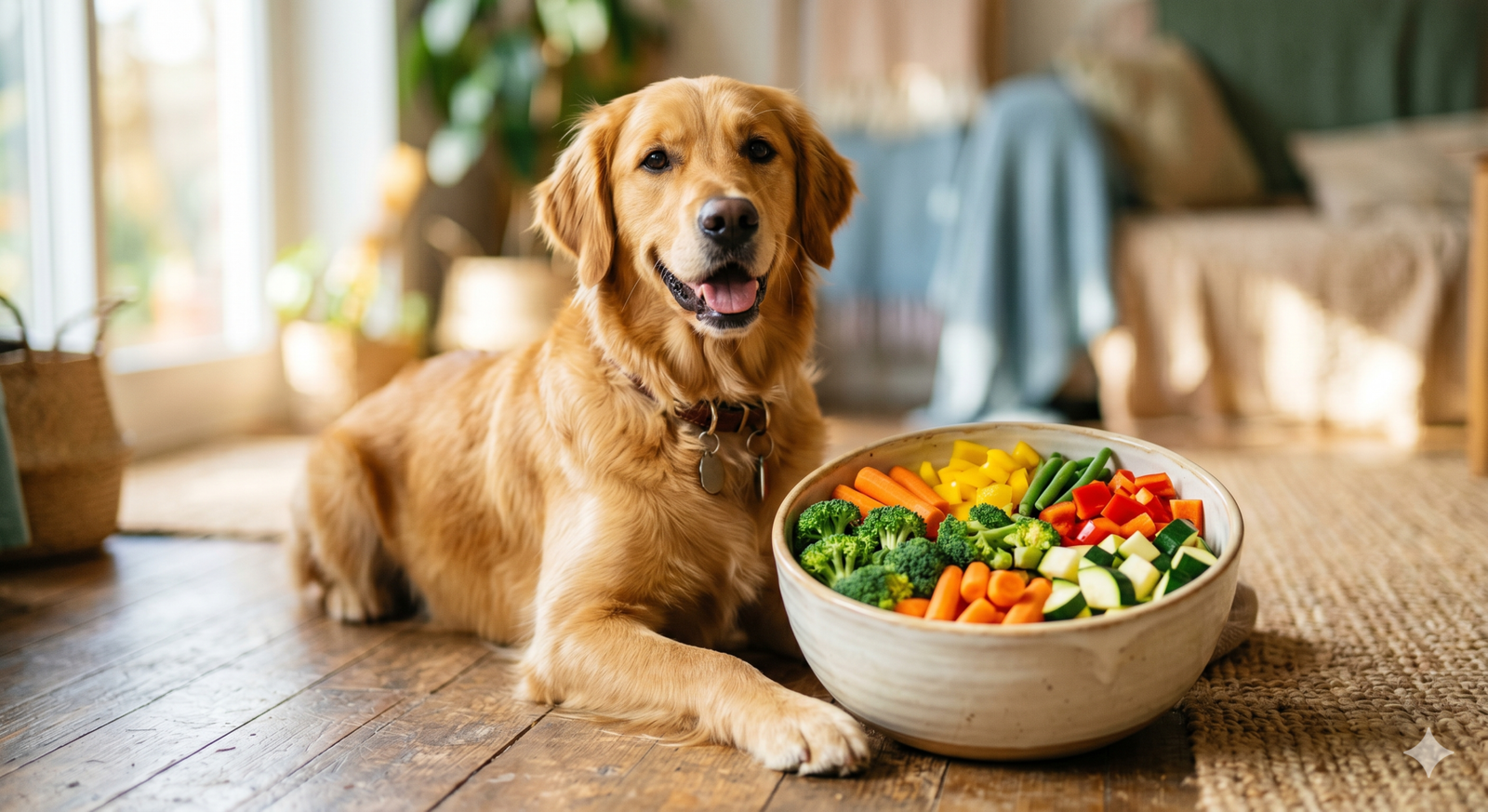 Cão ao lado de tigela de legumes comestíveis para pets