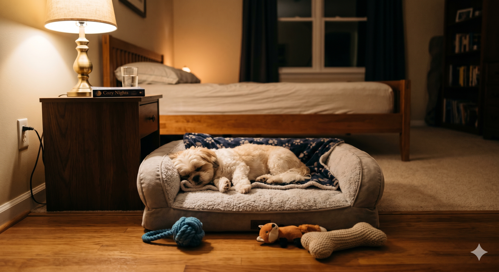 Cão pequeno dormindo tranquilamente em cama limpa e confortável, simbolizando um ambiente seguro e bem cuidado para pets.