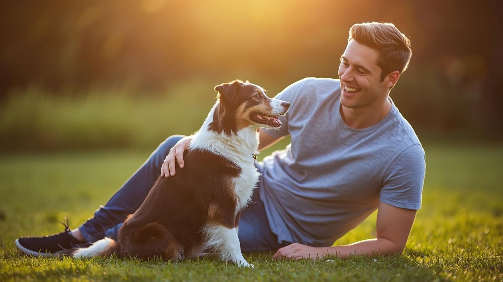 Cão obediente e tutor feliz após treino fácil e rápido de adestramento