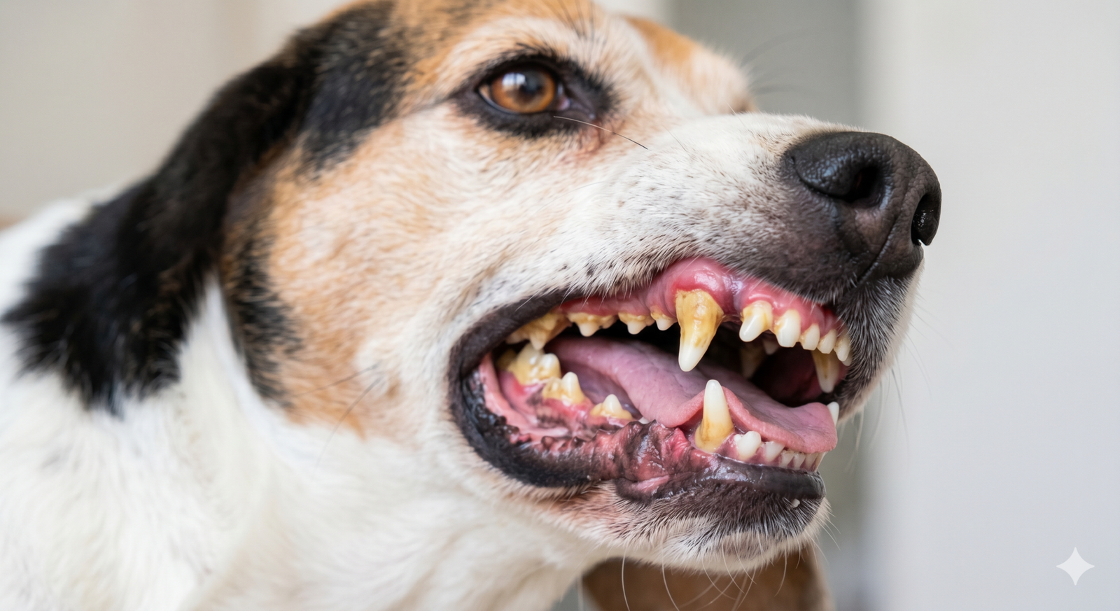 Dentes de cão com tártaro e gengivite severa, sinal de negligência na higiene oral.