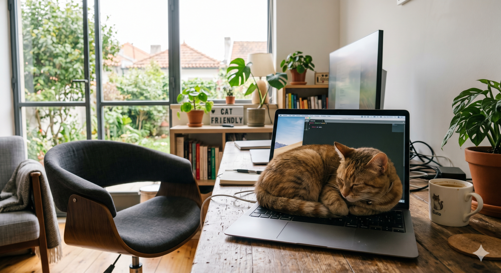 Escritório moderno com gato no laptop