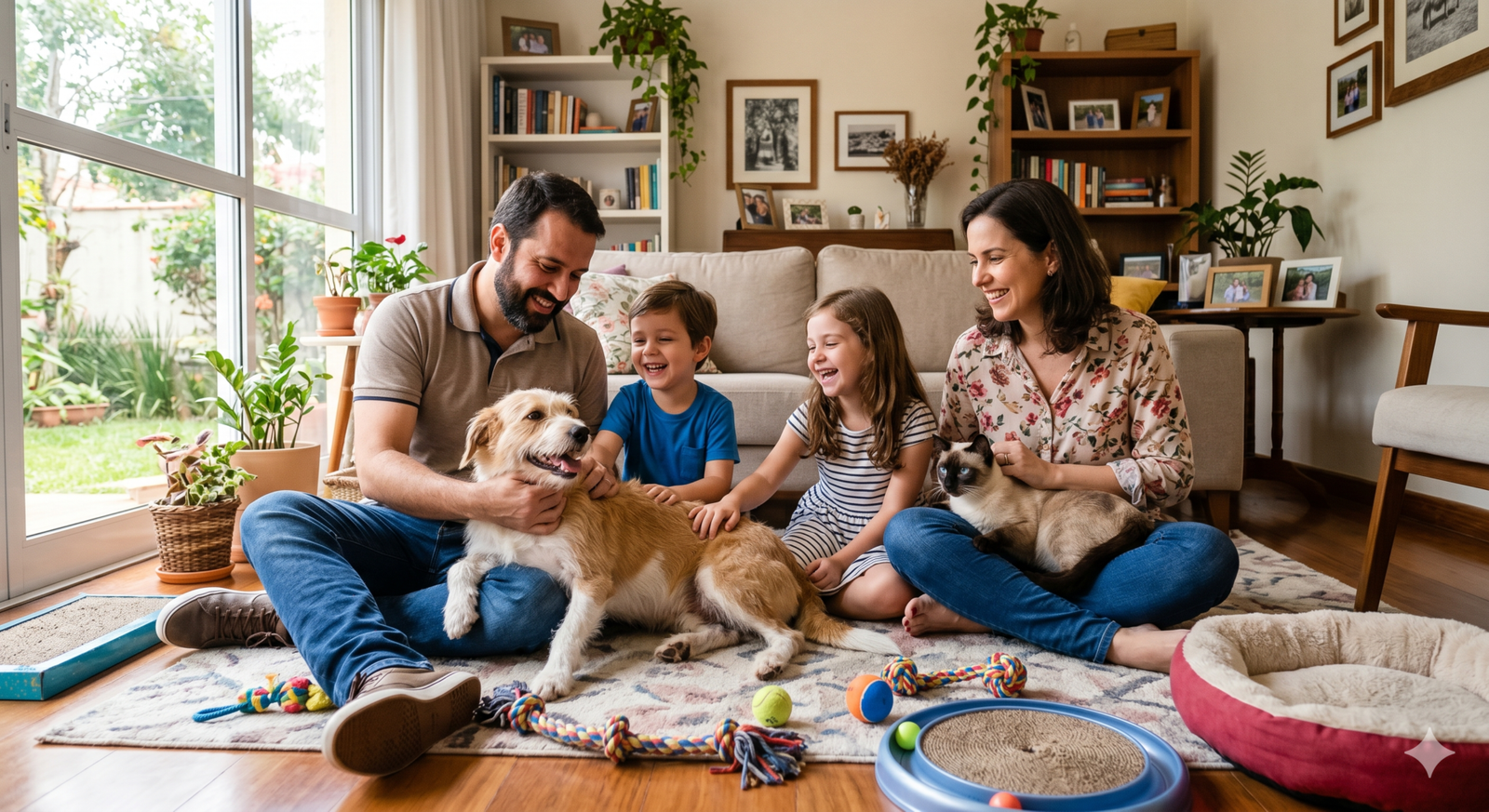 Família feliz interagindo com cão e gato em casa, bem-estar e afeto animal