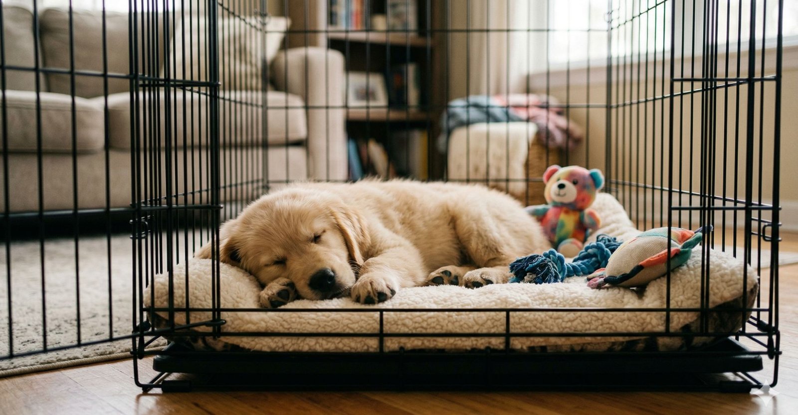 O Guia dos 30 Dias: Como Adaptar seu Filhote sem Choro, Mordidas ou Destruição 6 Filhote dormindo no crate, adaptação de filhote