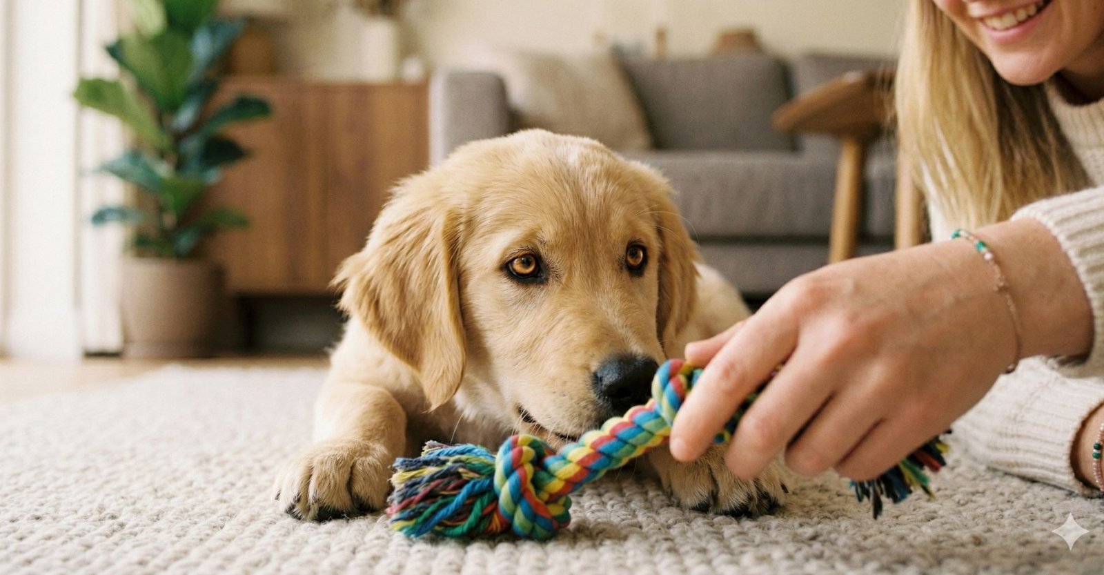 Filhote sendo redirecionado para morder um brinquedo de corda em vez da mão