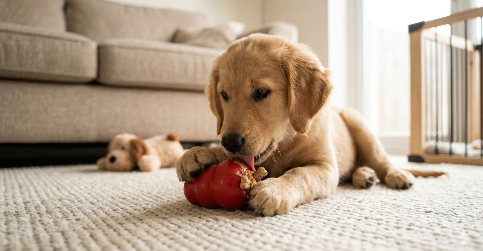 O Guia dos 30 Dias: Como Adaptar seu Filhote sem Choro, Mordidas ou Destruição 17 Filhote usando brinquedo de enriquecimento ambiental para reduzir estresse