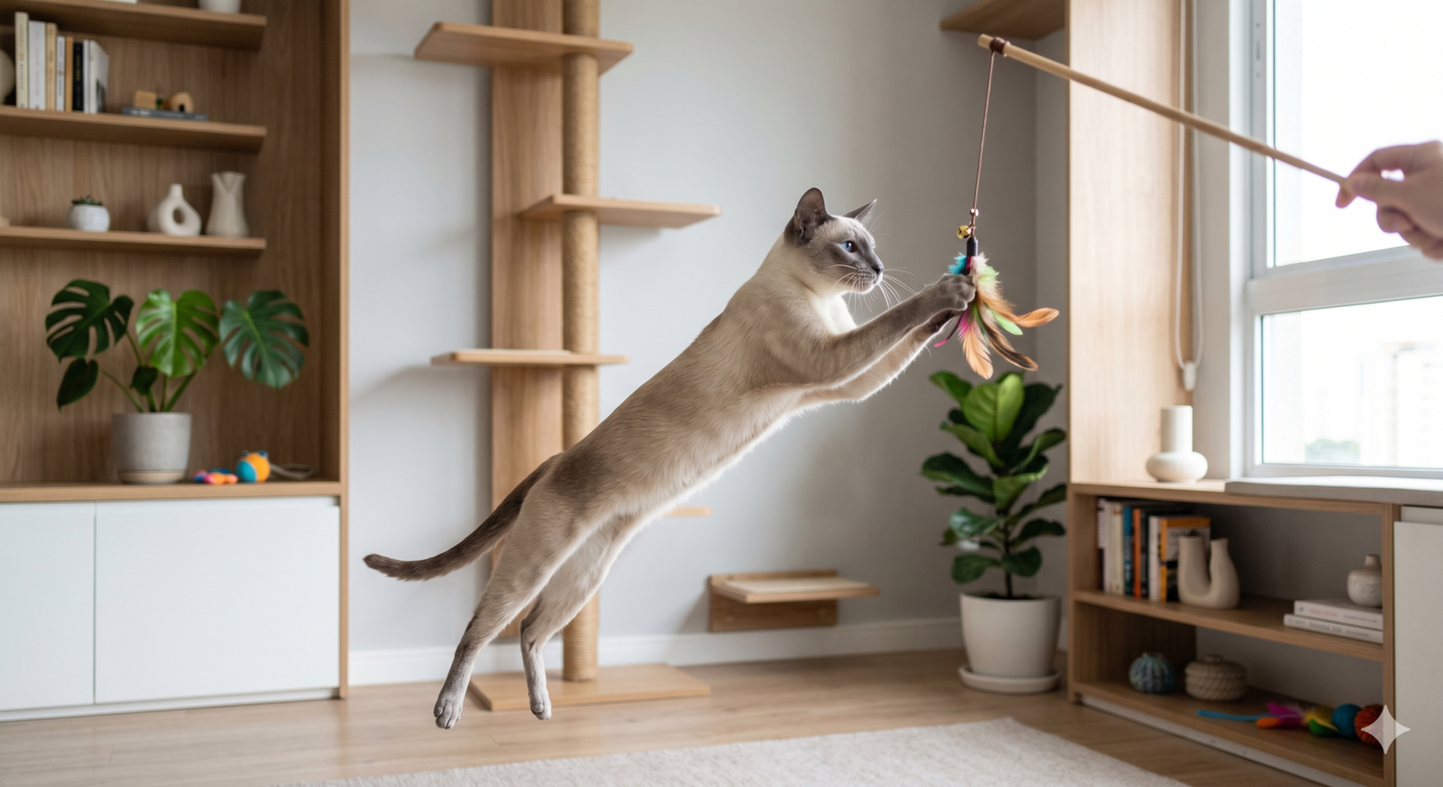 Gato siamês brincando e exercitando-se em ambiente enriquecido, estimulação mental felina