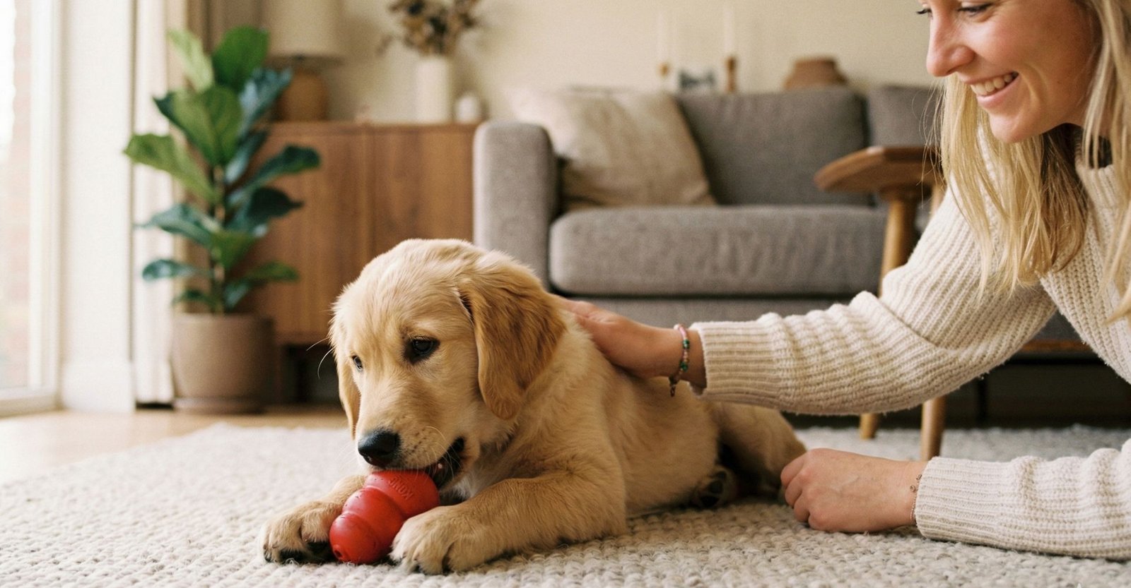 O momento do sucesso. Um filhote calmo, focado em um brinquedo, com o tutor ao lado sorrindo.