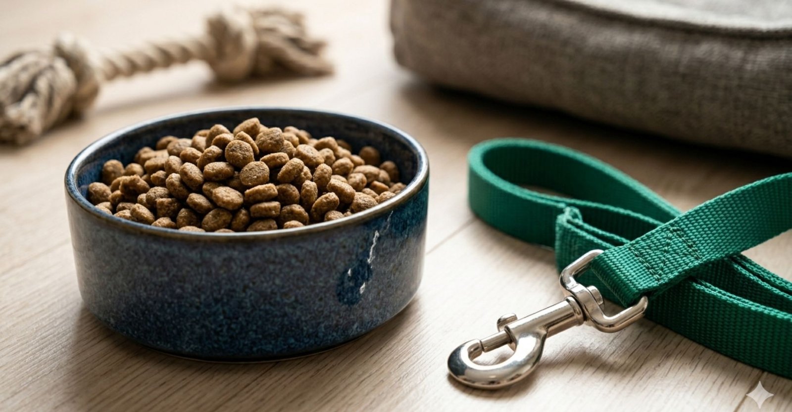 O que não pode faltar no enxoval do seu primeiro pet: lista completa e prática. 11 Kit básico para pet com caminha, brinquedos para cachorro e itens de alimentação sobre tapete claro.