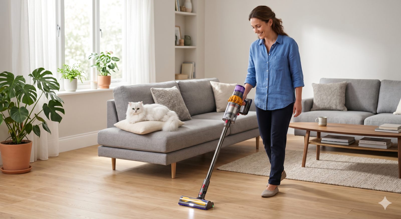Pelos Nunca Mais! Conheça os 5 Aspiradores que Donos de Pet Amam 2 Mulher aspirando sala com Dyson V15 Detect Absolute e gato persa, ambiente limpo, tecnologia HEPA
