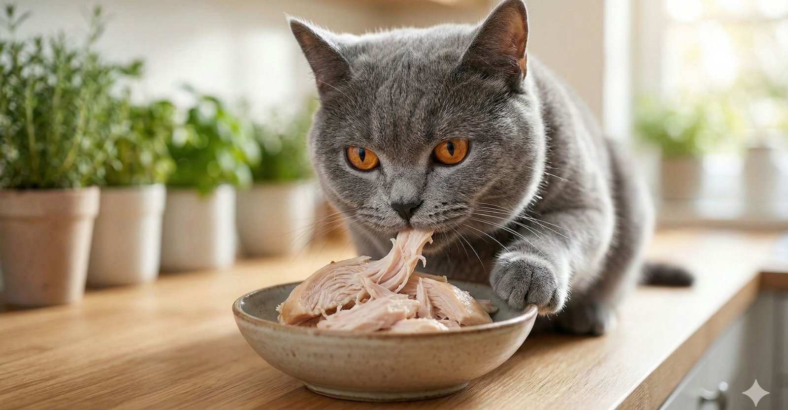 Gato comendo frango cozido para gatos