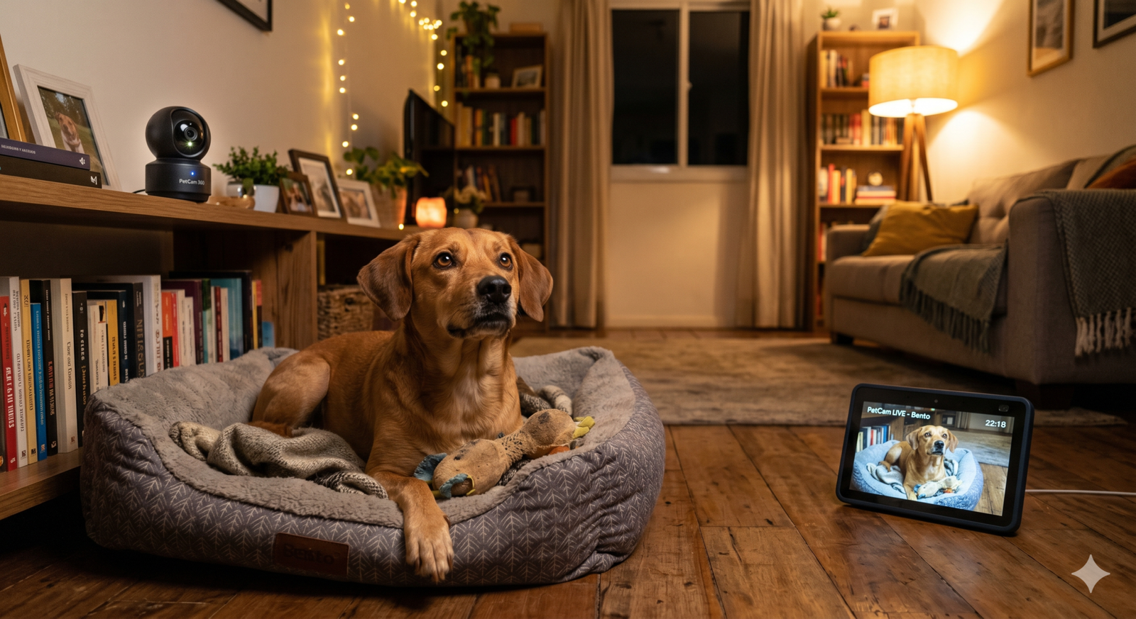 Pet sozinho em casa sendo monitorado por câmera de segurança