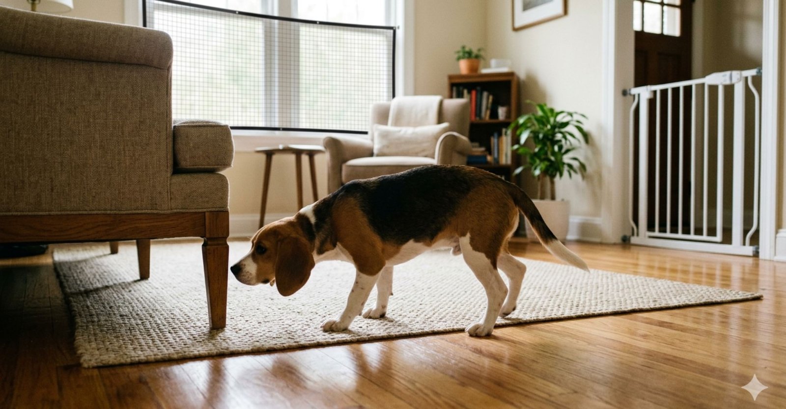 O que ninguém te conta sobre os primeiros dias com um novo pet em casa 1 Cachorro filhote de porte médio explorando sala de estar segura com piso limpo e sem obstáculos para adaptação doméstica. Primeiros cuidados com pet: Guia completo para iniciantes