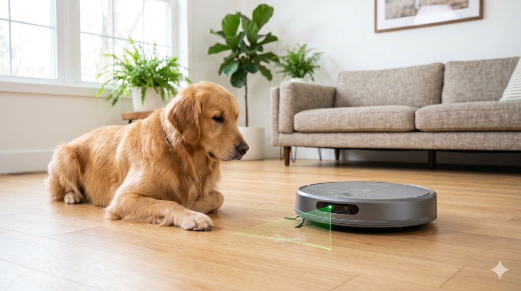 Robô aspirador limpando pelos de cachorro em piso de madeira, casa limpa.