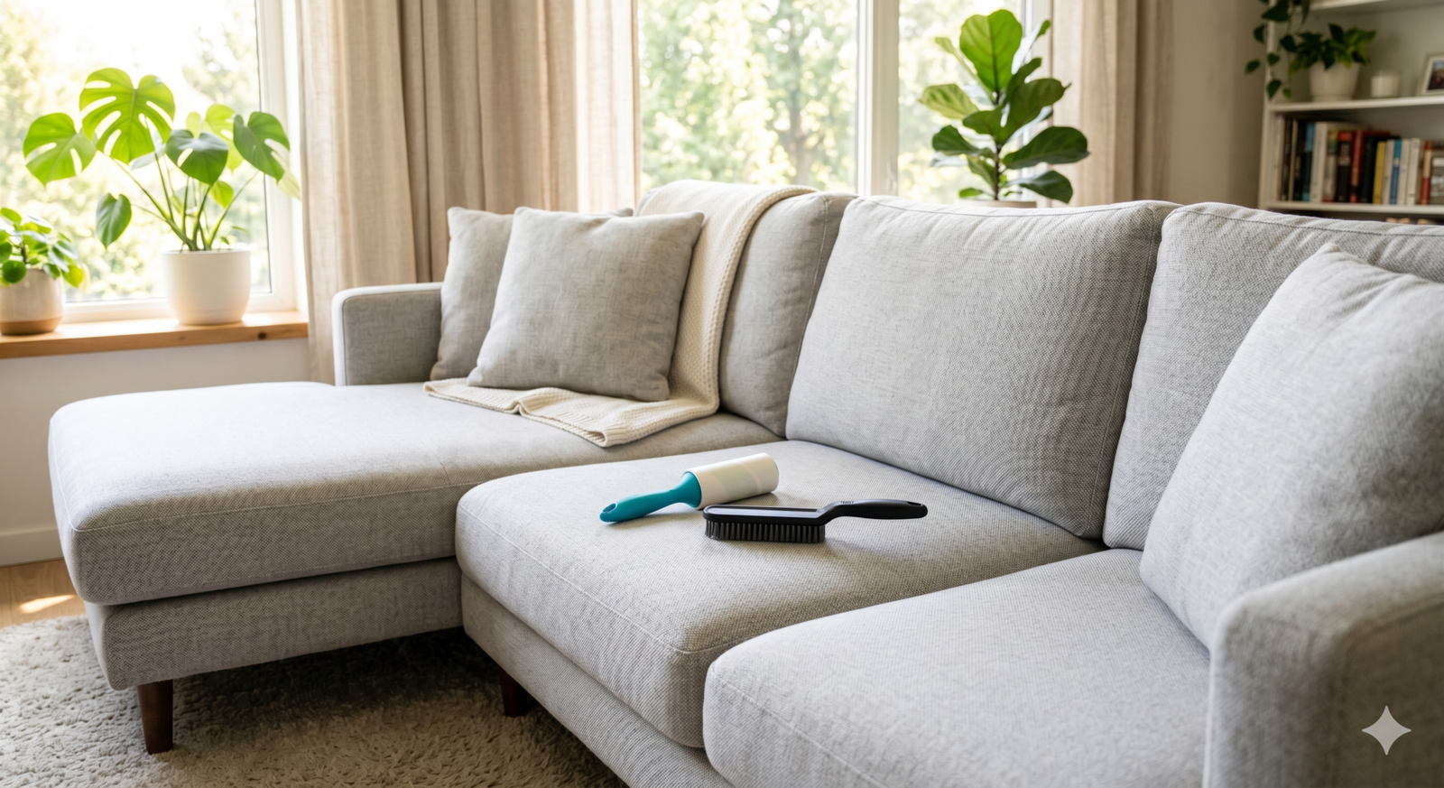 Sofá limpo e sem pelos, com acessórios de limpeza para pets, simbolizando um ambiente doméstico higienizado e livre de alérgenos. Guia prático para remoção de pelos de animais de estimação em estofados, com foco em eficácia e bem-estar familiar.