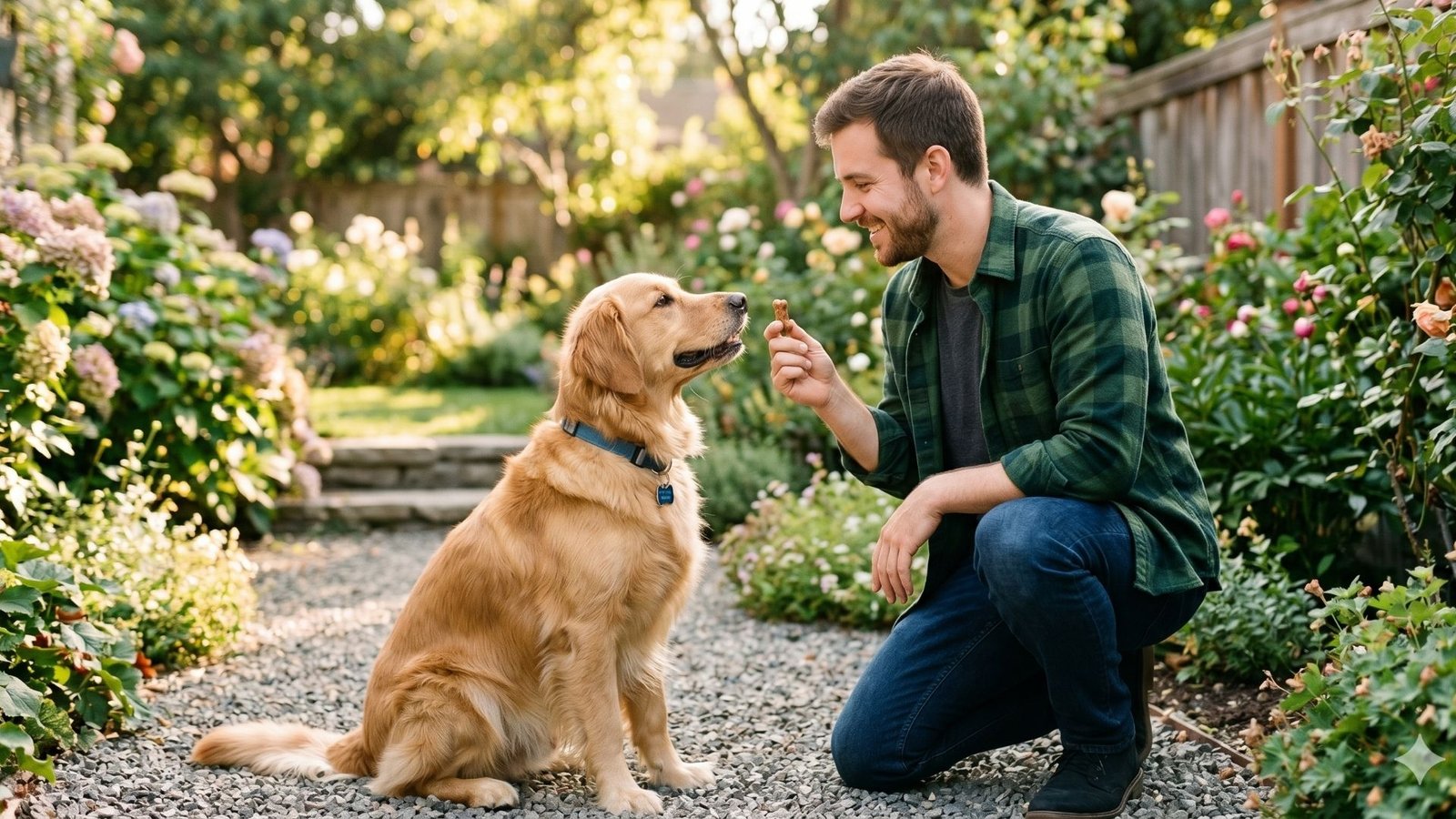 Tutor ensinando obediência com linguagem corporal calma e reforço positivo