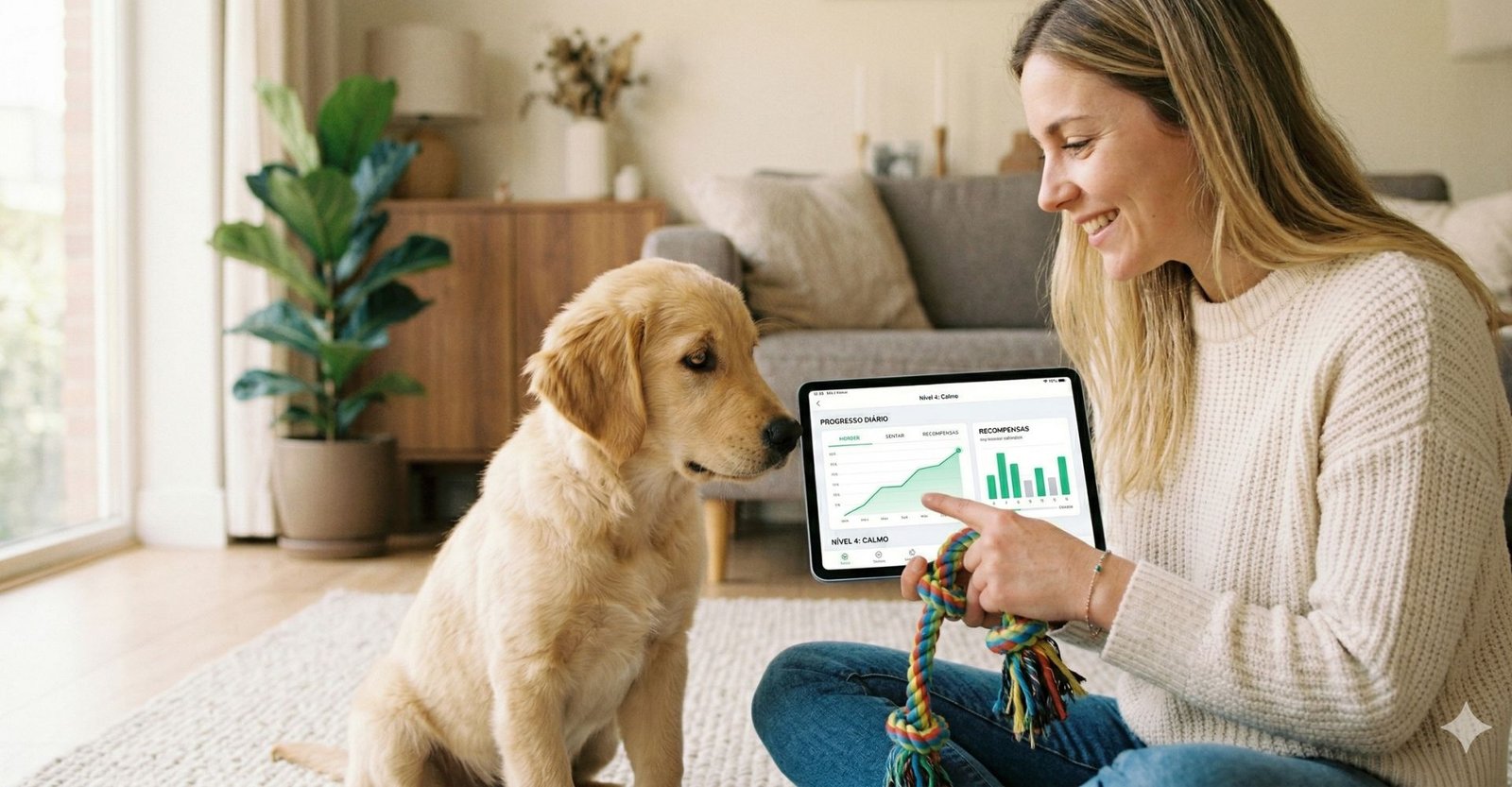 Tutor usando aplicativo de celular para monitorar o progresso do adestramento do filhote