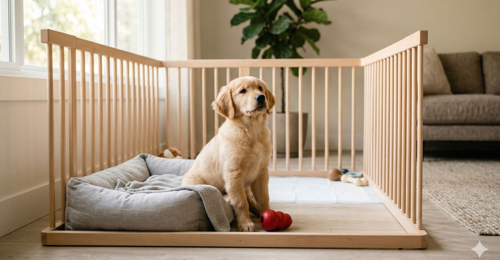 Um filhote calmo em seu espaço seguro, demonstrando confiança e harmonia com o ambiente doméstico