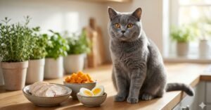 Um gato saudável e imponente ao lado de uma composição artística de alimentos permitidos, transmitindo frescor e cuidado profissional