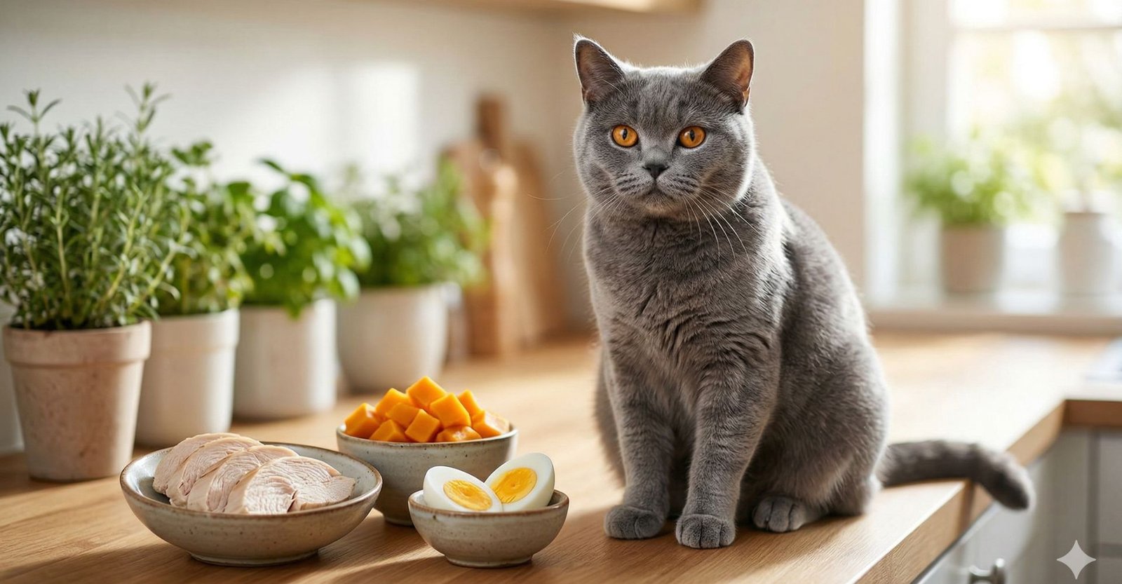 Um gato saudável e imponente ao lado de uma composição artística de alimentos permitidos, transmitindo frescor e cuidado profissional