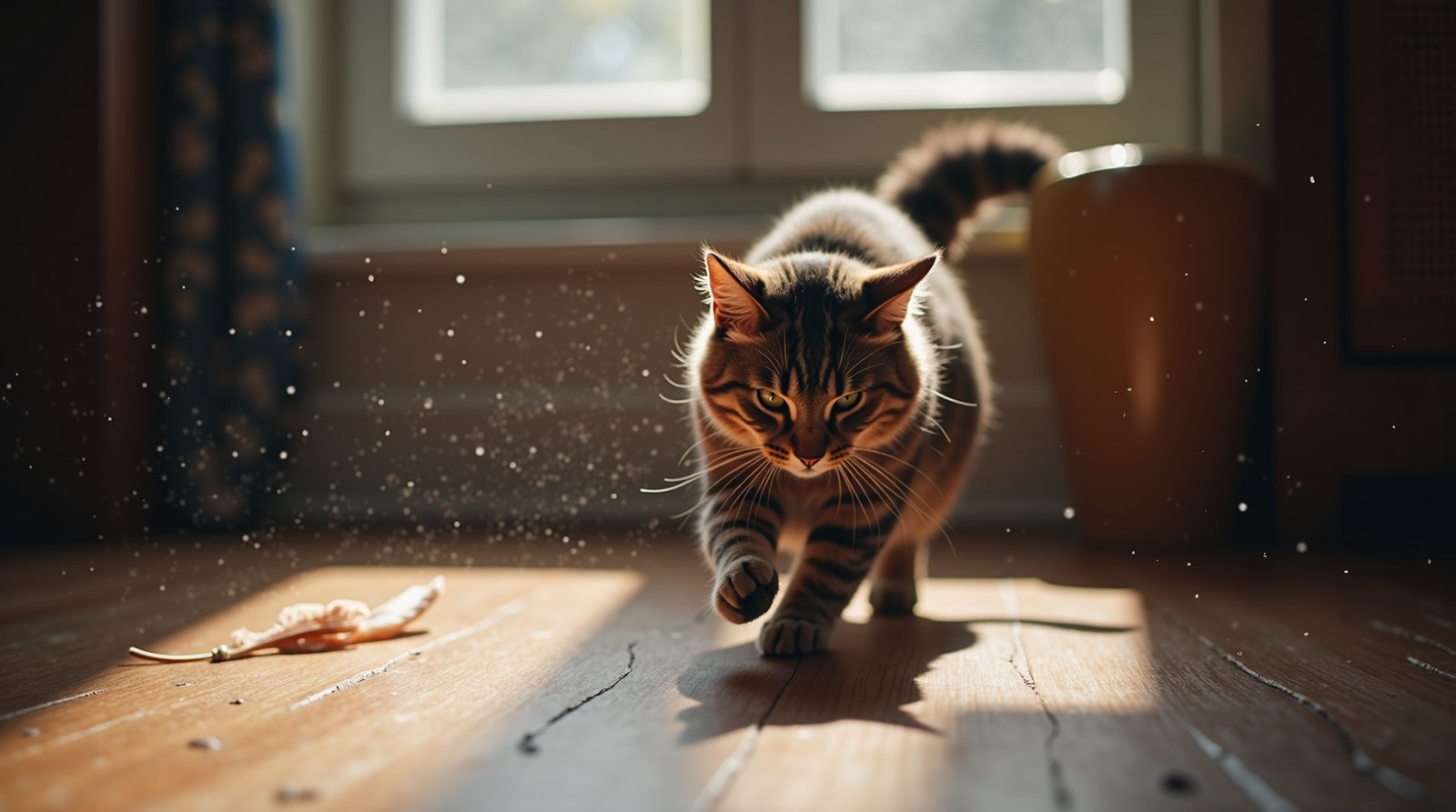 A cat playing with a feather toy in a cozy living room setting, showcasing its agility and focus