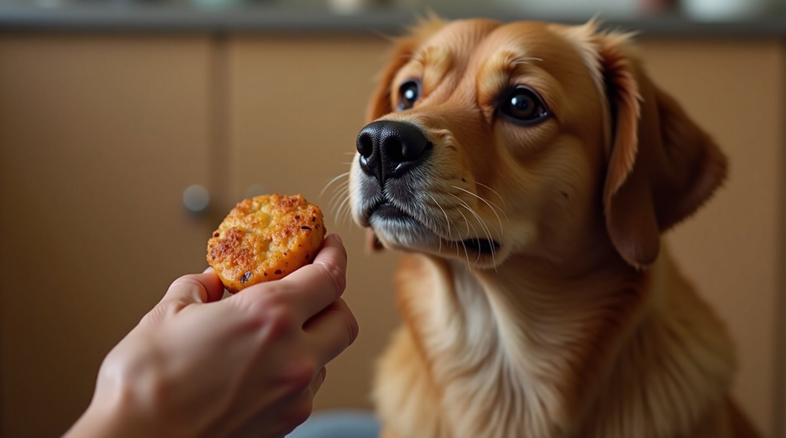 Cão de raça mista sentado pacientemente, olhando para a mão do tutor que oferece um pedaço de frango cozido, simbolizando a alimentação segura e o vínculo entre pet e dono