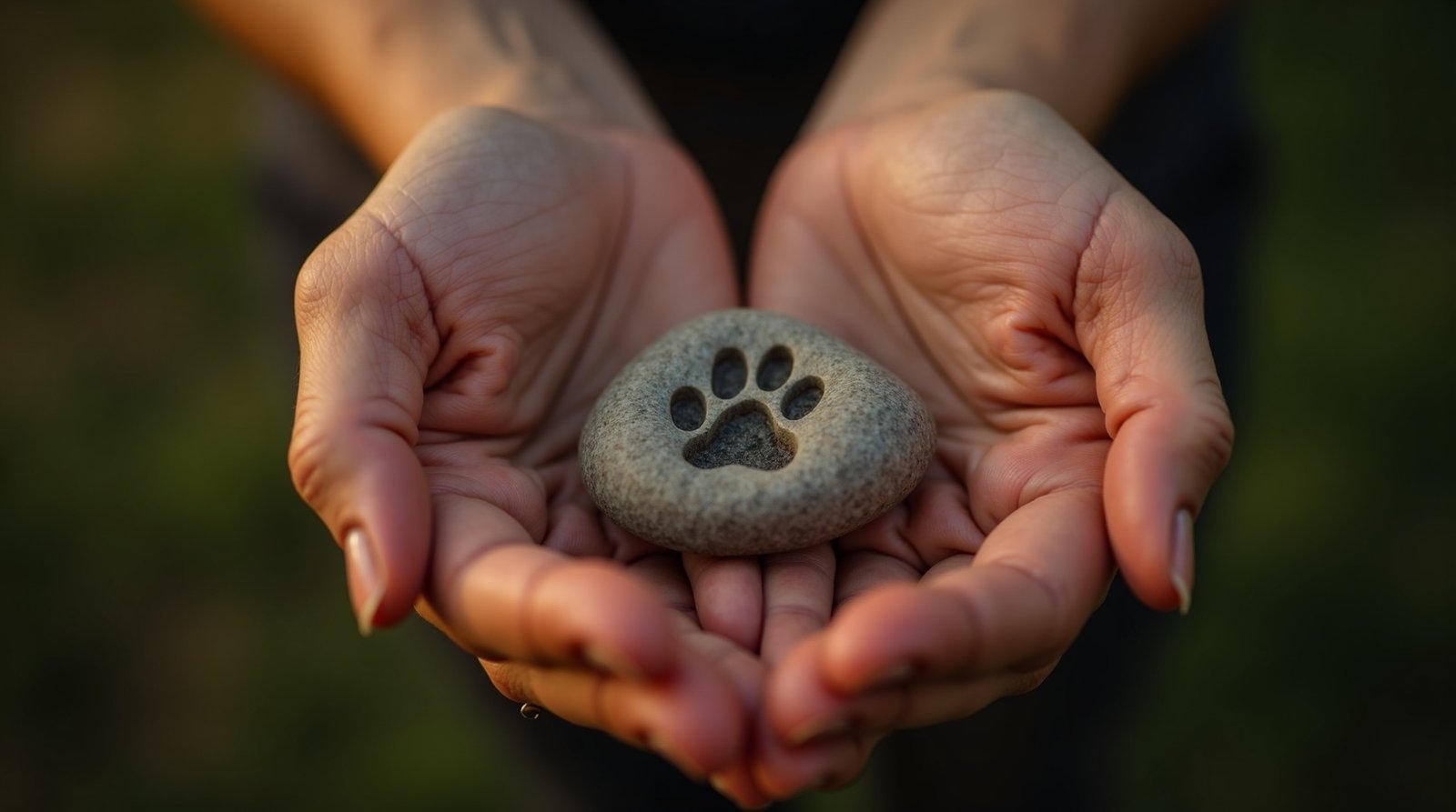 Você Não Está Sozinho: O Luto de um Pet e a Nova Perspectiva para Lidar com a Dor 4 Mãos segurando pedra com pata de cachorro, simbolizando memória e carinho por um pet falecido