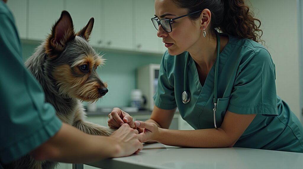 A close up eye level shot of a concerned female veterinarian mid 30s wearing 1778677146