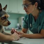 A close up eye level shot of a concerned female veterinarian mid 30s wearing 1778677146