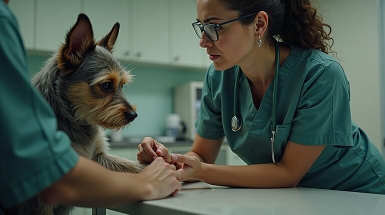 A close up eye level shot of a concerned female veterinarian mid 30s wearing 1778677146