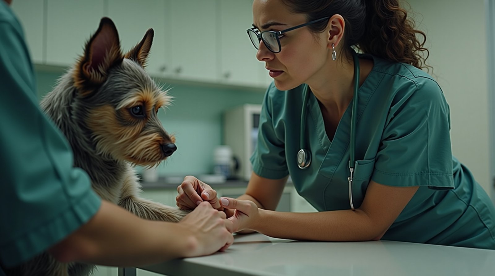 A close up eye level shot of a concerned female veterinarian mid 30s wearing 1778677146