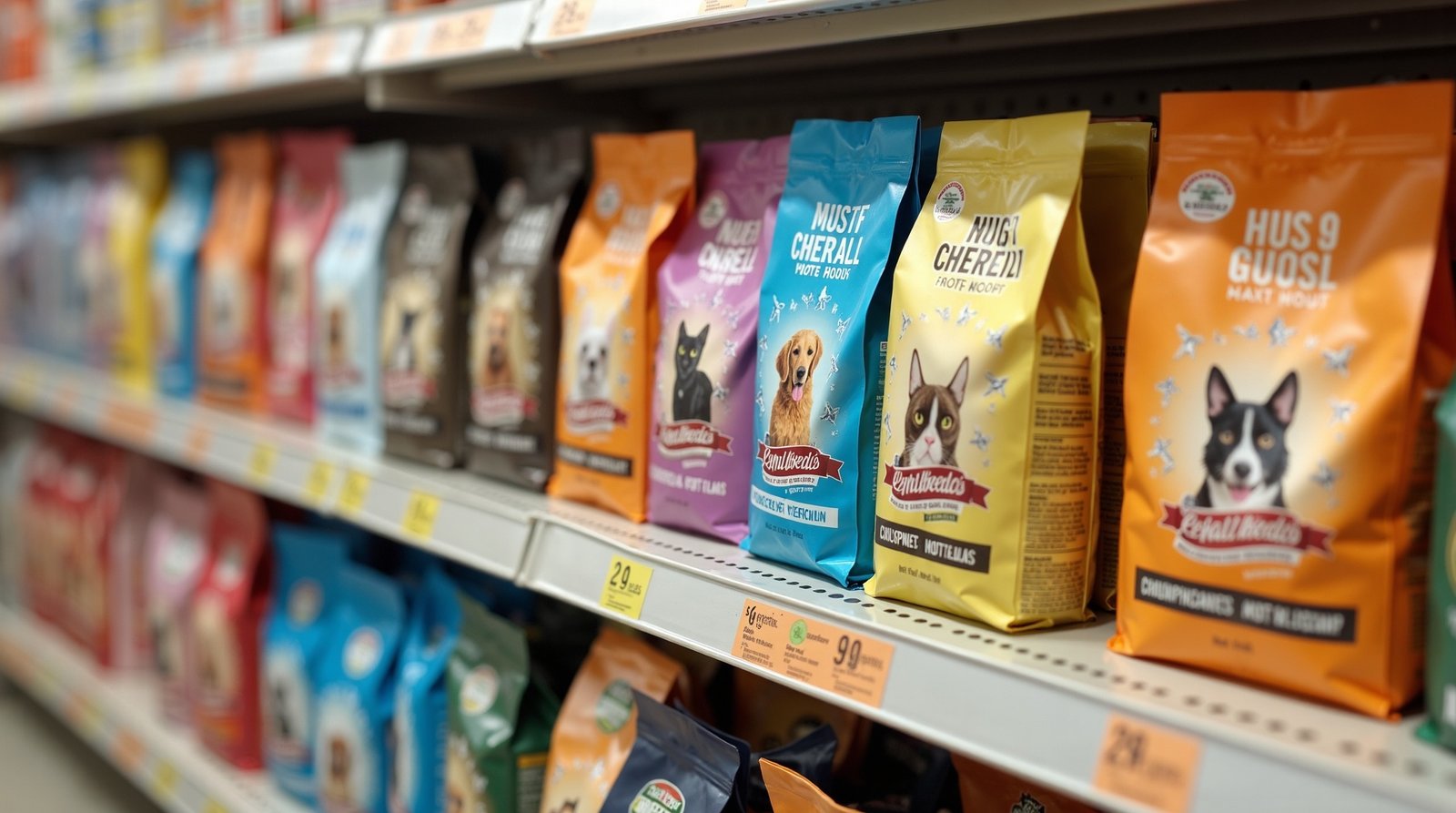 Seleção de rações para pets em loja.