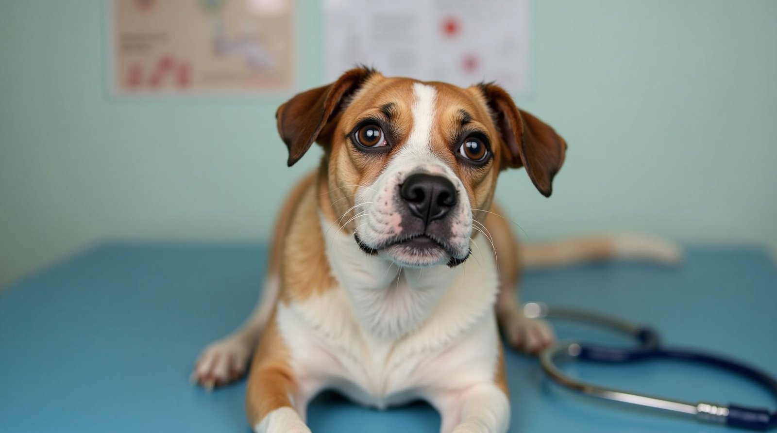 Sinais Que Seu Pet Está Tentando Avisar Que Está Doente 2 A close-up of a worried-looking dog with droopy ears and sad eyes, sitting on a vet examination table, with a stethoscope and medical charts in the background. The lighting is soft and clinical, emphasizing the dog's expression.