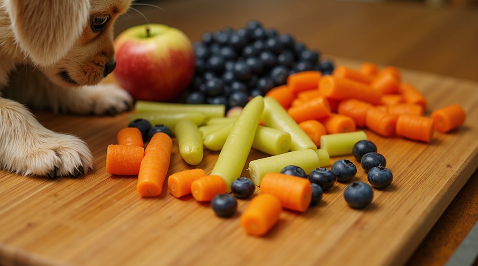 Variedade de frutas e vegetais seguros para pets, incluindo cenoura, exemplificando quais frutas cachorro pode comer