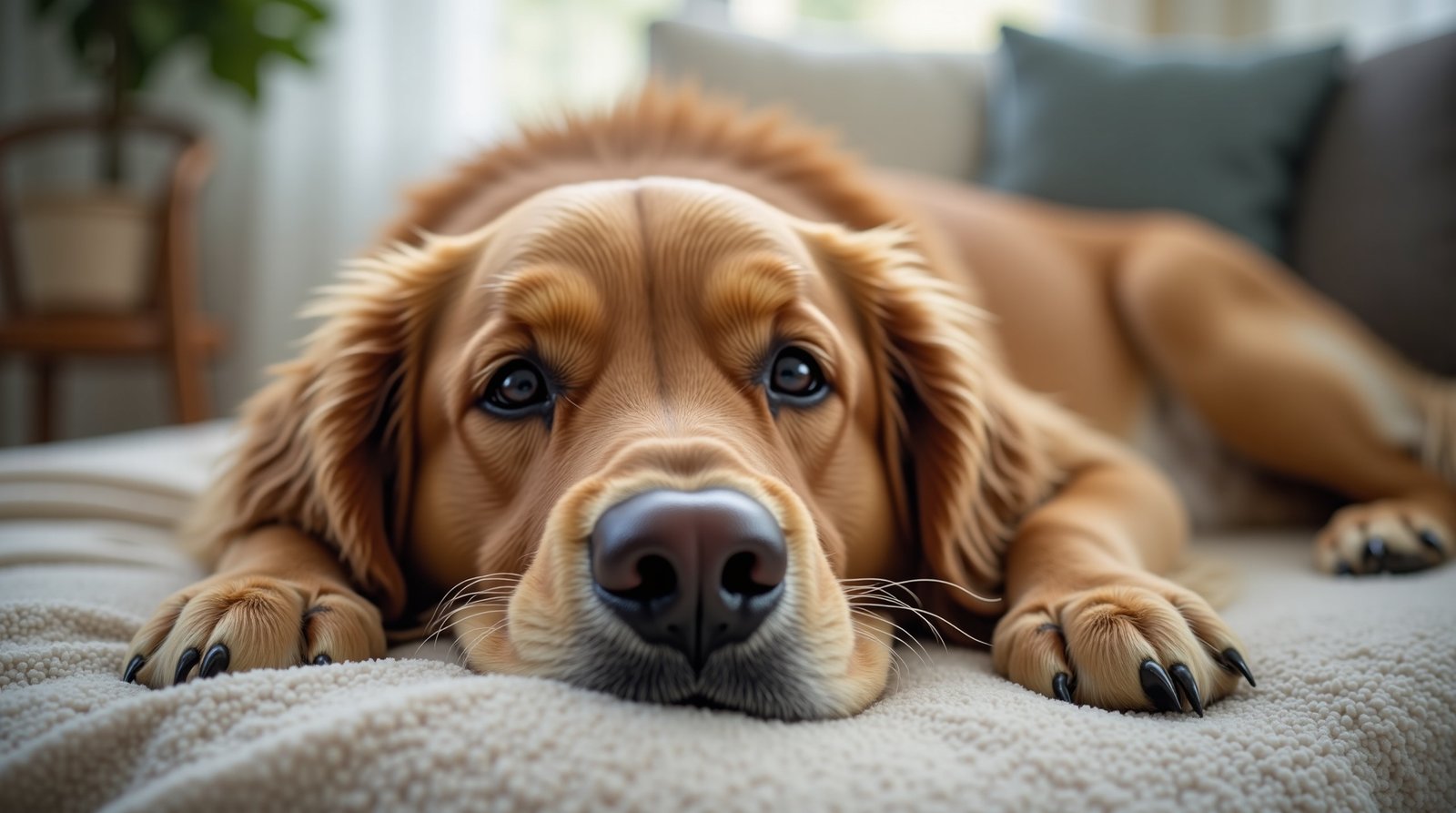 A Chave da Vitalidade: Vitaminas Essenciais Para Seu Cachorro Idoso Viver Melhor Hoje 2 Golden Retriever idoso relaxando em casa, transmitindo paz e conforto
