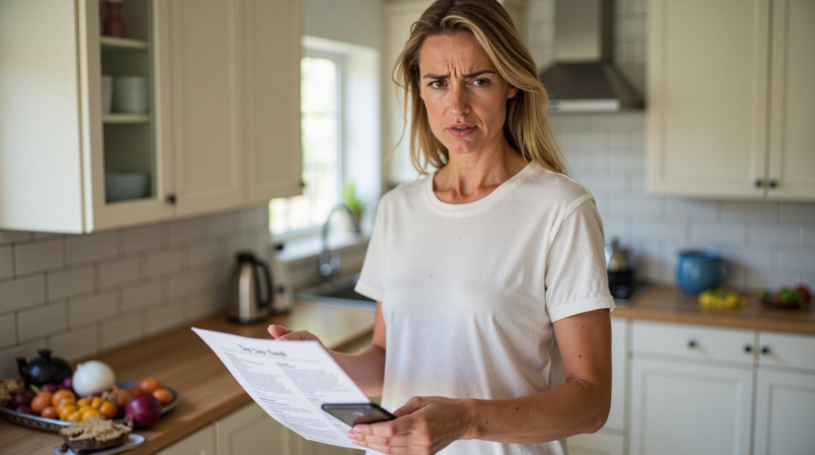 Dono preocupado com lista de alimentos tóxicos para cães em cozinha