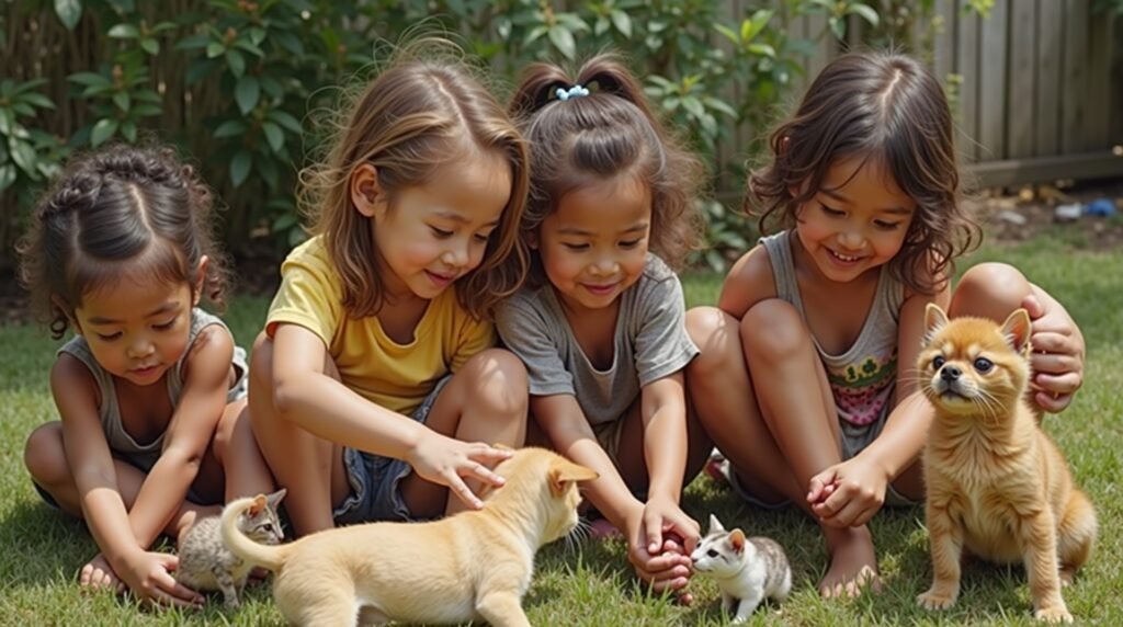 Crianças brincando com animais domésticos no quintal